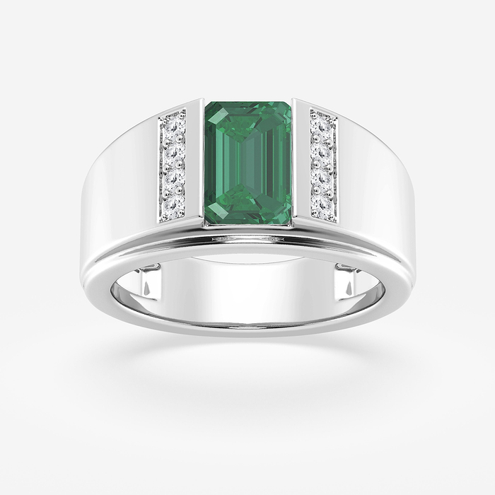 Radiant Ring - 9 x 6 mm Radiant Cut Created Emerald and 1/6 ctw Round Lab Grown Diamond Side Stones Engagement Ring